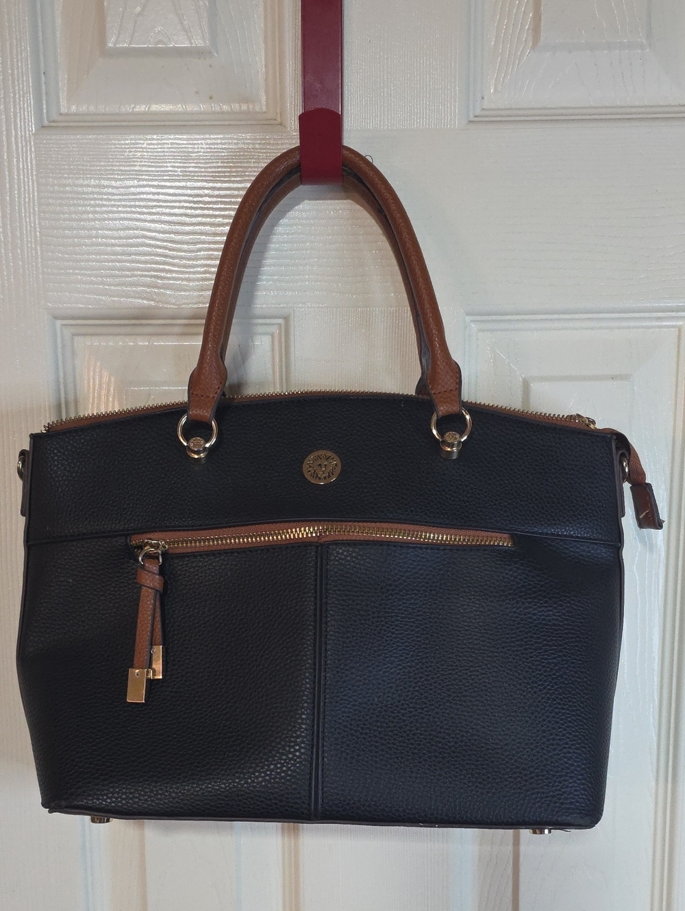 Anne Klein Black and Brown Two-Tone Satchel with Gold Accents